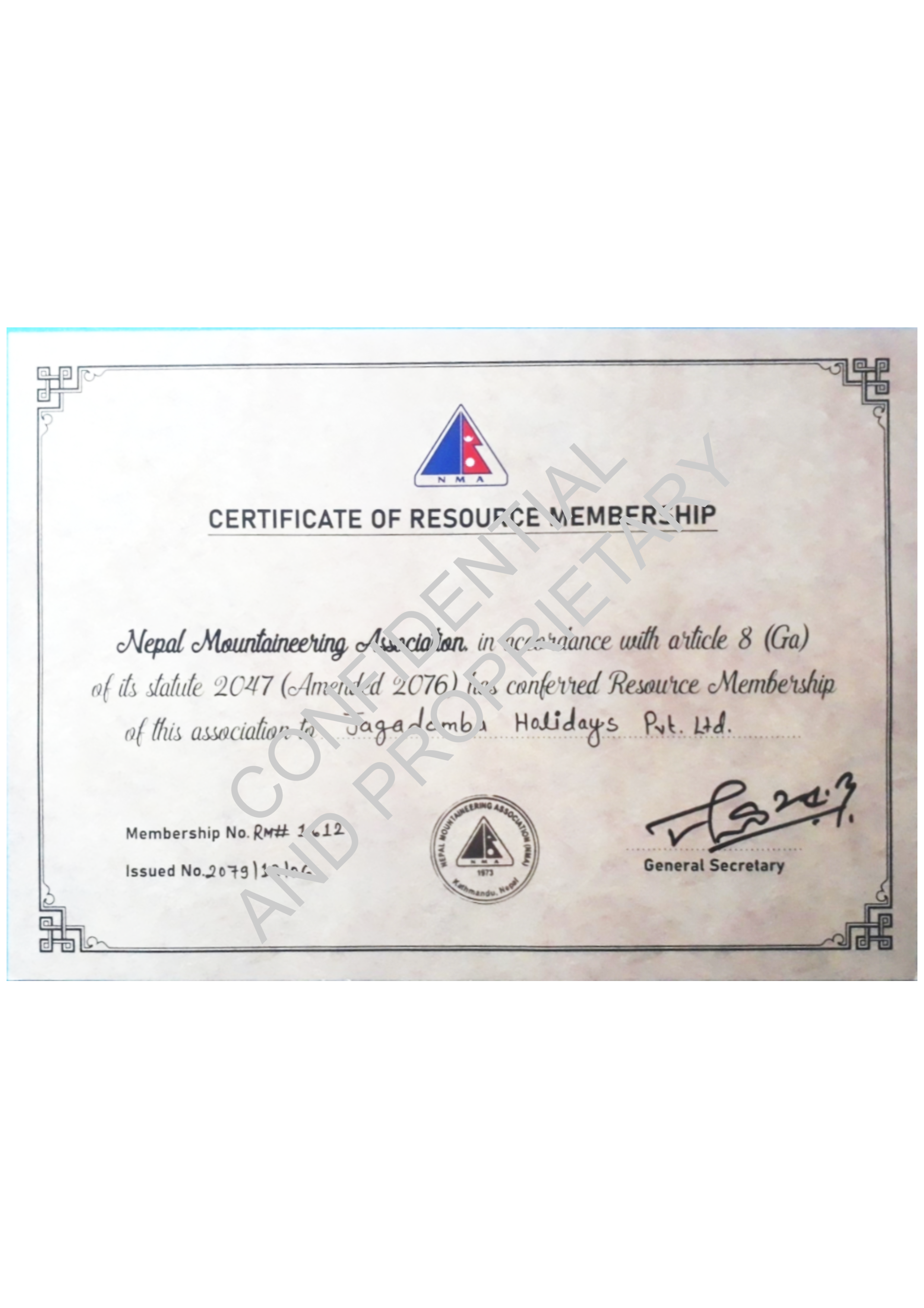 Certificate of NMA