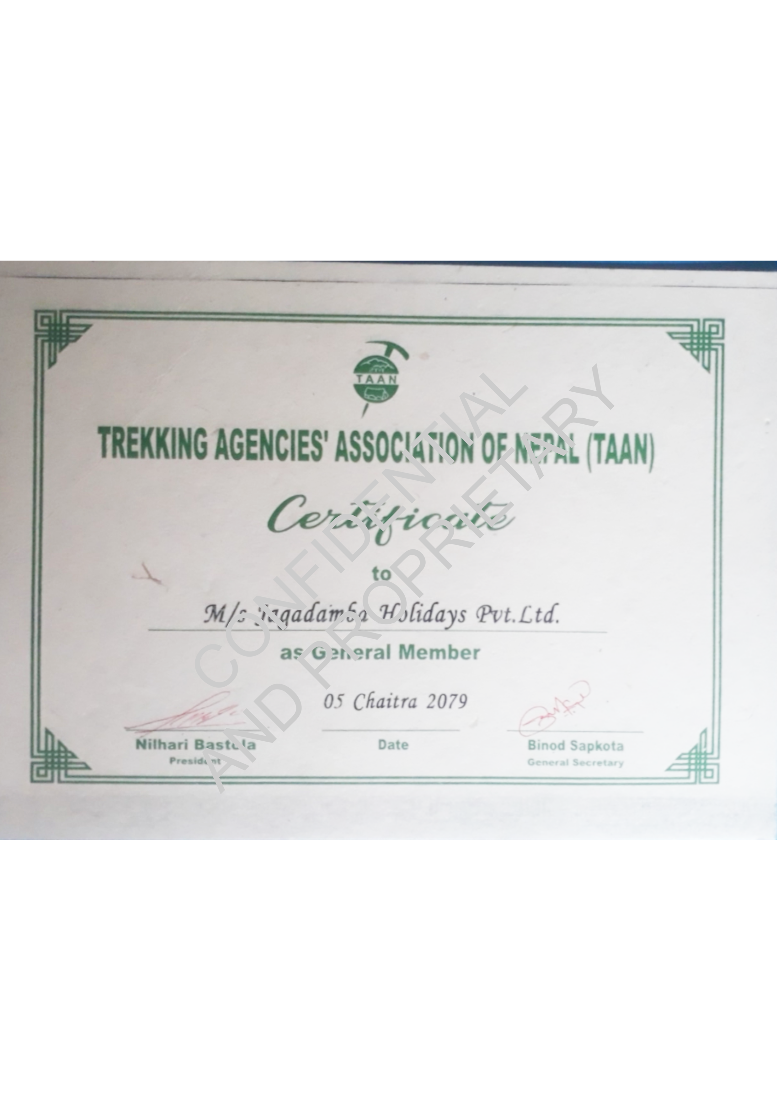 Certificate of TAAN